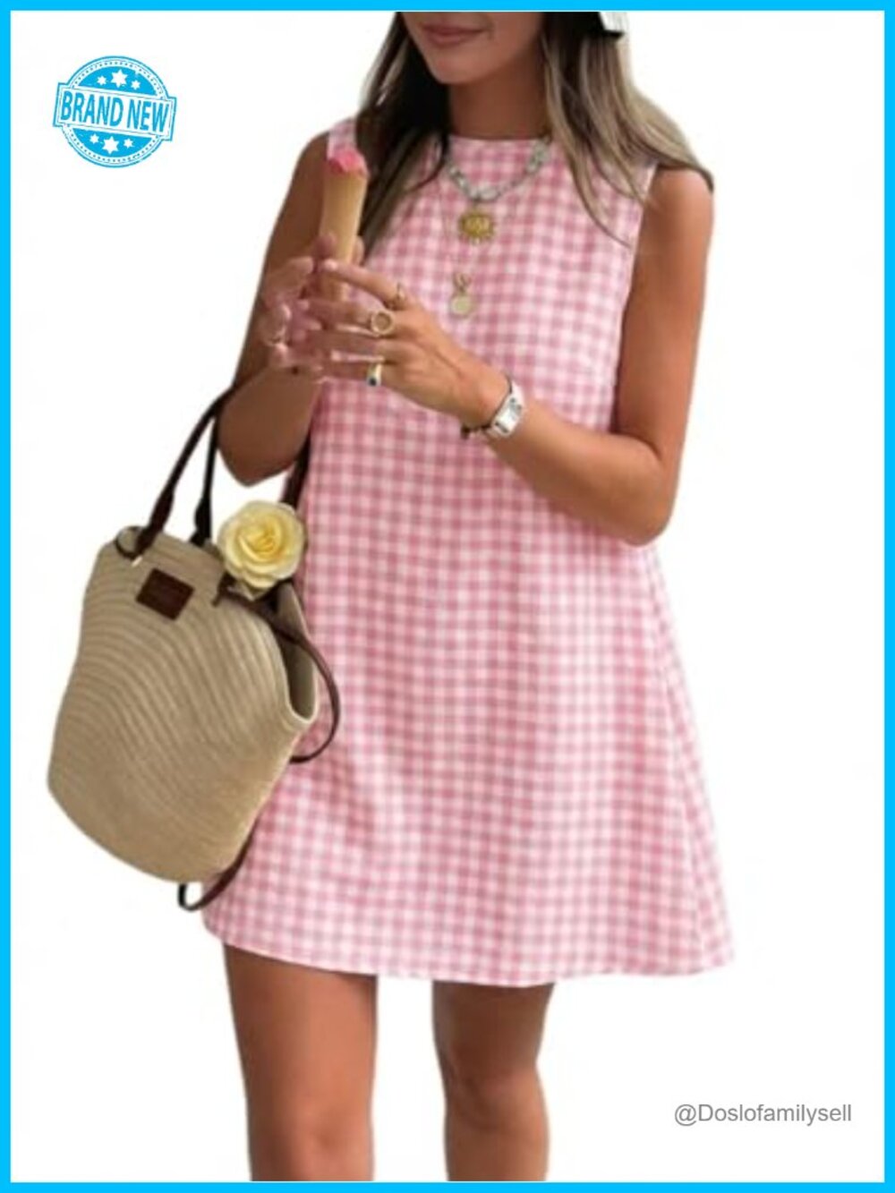 Womens Gingham Cotton Mini Sundress Sleeveless High Neck Casual Dress